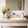 Fragment of minimalist bathroom with white wall, Terrazzo stone countertop, white sink, wall mounted faucet, elegant