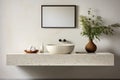 Fragment of minimalist bathroom with white wall, Terrazzo stone countertop, white sink, wall mounted faucet, elegant