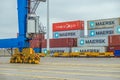 Fragment of modern blue crane for loading of containers for ships