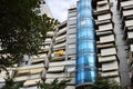 Fragment of the modern building in Tirana, Albania. Modern southeuropean Architeture. Balkan architecture. Blue glass wall of the Royalty Free Stock Photo