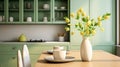 Fragment of modern classic green kitchen with beautiful light. Wooden dining table, wildflowers in a vase, various Royalty Free Stock Photo