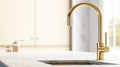 Fragment of modern classic luxury kitchen. White marble countertop with built-in sink, curved gold faucet. Window and Royalty Free Stock Photo