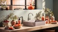 Fragment of modern country style kitchen. Wooden countertop with large sink and metallic faucet. Fresh fruits in bowls Royalty Free Stock Photo