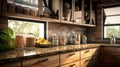 Fragment of a modern kitchen in a luxury home. Quartz countertop, wood cabinets with drawers, glazed shelves, table Royalty Free Stock Photo