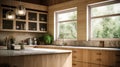 Fragment of a modern kitchen in a luxury home. Quartz countertop, wood cabinets, kitchen island, glazed shelves, table Royalty Free Stock Photo