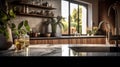 Fragment of a modern kitchen in a luxury home. Quartz countertop, wooden cabinets, open shelves, table decor, plants in Royalty Free Stock Photo