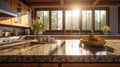 Fragment of a modern kitchen in a luxury home. Quartz countertop, wooden cabinets, table decor, flowers in vases Royalty Free Stock Photo