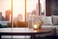 Fragment of a modern living room with white sofa, coffee table and large window overlooking city skyscrapers, selective Royalty Free Stock Photo