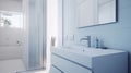 Fragment of a modern luxury bathroom with white tile walls. White wall-hung cabinet with sink, chrome faucet. Shower Royalty Free Stock Photo