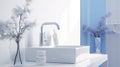 Fragment of a modern luxury bathroom with white walls. White countertop sink with chrome faucet, decorative vases. Close Royalty Free Stock Photo