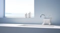 Fragment of a modern luxury bathroom with white walls and window. White countertop with built-in sink, chrome faucet Royalty Free Stock Photo