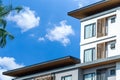 Fragment of Modern residential hotel with flat buildings exterior. Detail of New luxury house and home complex. Part of City Real Royalty Free Stock Photo