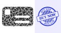 Fragment Mosaic Banking Card Icon with Buy Now Textured Rubber Imprint