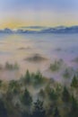 Fragment oil paintings on the theme of misty morning sunrise over a pine forest. Royalty Free Stock Photo