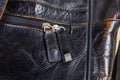 Fragment of old black handbag with zipper with leather pullers