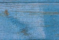 Fragment of the old blue wooden plank with peeling paint, textur