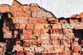 fragment of old crumbling brick wall shot close-up with backlight Royalty Free Stock Photo