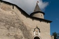 Pskov, Russia, September 6, 2024. Fortress wall with a round tower and an icon above the gate. Royalty Free Stock Photo