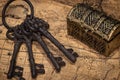 A fragment of an old map with keys and a chest in the background. The concept of searching for lost treasure. Discovering secrets Royalty Free Stock Photo