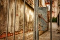 Fragment of old metal door as background, old metal door with metal handle