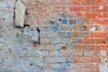 Fragment of old red brick wall texture with cement mortar and blue paint stains. Abstract brick wall background Royalty Free Stock Photo