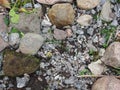 Fragment. abstract background, texture - an old road paved with natural wild glacial stone, overgrown with grass and moss. Royalty Free Stock Photo