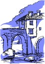 Fragment of an old stone bridge and a house. Black and white drawing with blue shadows