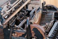 Fragment of an old vintage rusty typewriter. Close-up. Selective focus