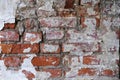 Fragment of old weathered brick medieval monastery wall. Decay destruction brickwork of abandoned church. Royalty Free Stock Photo