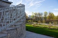 A fragment of an openwork staircase leading to the gallery of the Catherine Park and a view of the Park