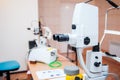 Fragment of ophthalmic laser system in eye surgery clinic. Selective focus, close up. Royalty Free Stock Photo