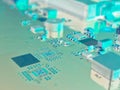 Fragment of a PC motherboard. Part of the main circuit board close-up. Bright aquamarine inverted background or wallpaper on the