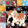 Fragment of a quilt with an Indian elephant and flowers. Vector illustration. Ethnic motives
