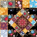 Fragment of a quilt in vector. A beautiful illustration in ethnic style with flowers, mandala, paisley and hearts