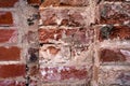 Fragment of an old red brick wall with spots and chips. Close-up. Textured ackground