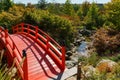 Fragment of the red bridge in Japanese garden of public landscape park of Krasnodar or Galitsky park, Royalty Free Stock Photo