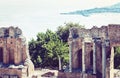 Fragment of ruins of amphitheater in Taormina, Sicily, Italy