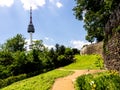 Fragment of Seoul City Wall, ancient historical stone wall and Namsan Tower, South Korea Namsan Royalty Free Stock Photo