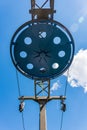 Fragment of the ski lift. Elements of the steel structure, wheel, steel ropes, tensions, sensors Royalty Free Stock Photo