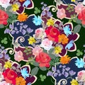 Fragment of spanish shawl. Seamless floral vector pattern with bouquets of gardening flowers