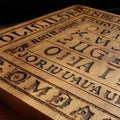 Fragment of spirit talking board like ouija with different signs. Witch, oracle spiritual table, mystique concept