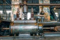 Fragment of steam engine from 1903. Important part of technological line in historical factory. Huge piston and .centrifugal Royalty Free Stock Photo