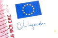 Close-up of a 10 euro banknote fragment with the flag of the European Union and the signature of the president of the ECB. Royalty Free Stock Photo