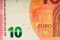 fragment of ten Euro bill. 10 euro banknote. The euro is the official currency of the European Union Royalty Free Stock Photo