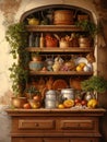 Fragment of tradition Italian retro kitchen interior, wooden shelves with dishes, fruits and plants, vertical image.