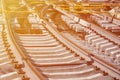 Fragment of tram rails at the stage of their installation and integration into the road. The process of laying a tramwa