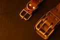 Fragment of two old genuine leather collars on a dark table