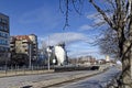 Fragment of urban infrastructure with tram route, subway and street