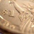 Fragment of an US American 1 one dollar coin. Close-up image of the Statue of Liberty and the symbol of national currency. Square Royalty Free Stock Photo