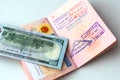 Fragment of Vietnamese visa sticker in a passport, immigration stamps in passport, 100 USD banknote Royalty Free Stock Photo